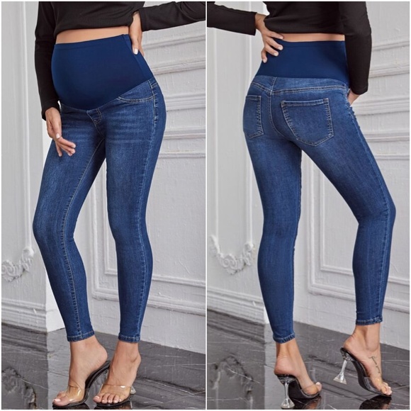 Maternity Wide Band Stretchy Waist dark Wash Denim Skinny Jeans - Picture 2 of 2